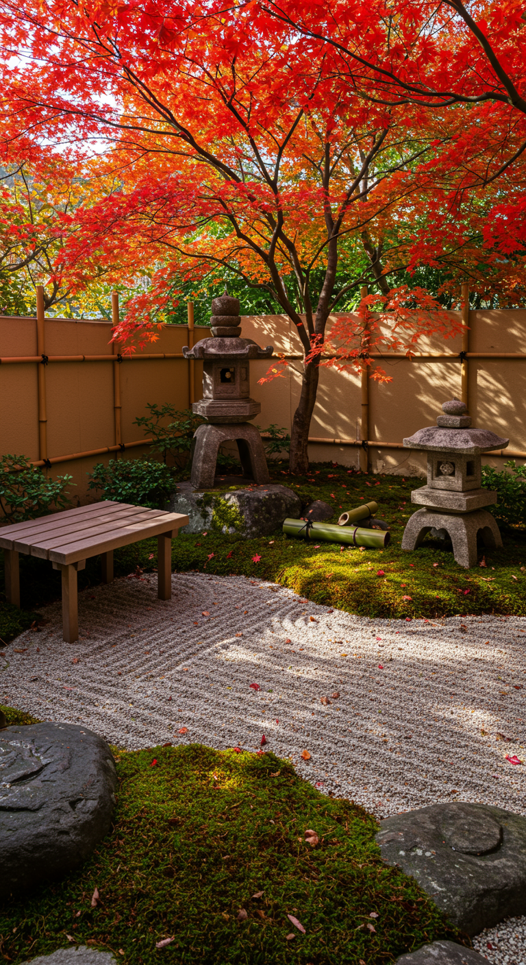 Japanse tuin met rode esdoorn, grind, mos, stenen lantaarns en een houten bankje.