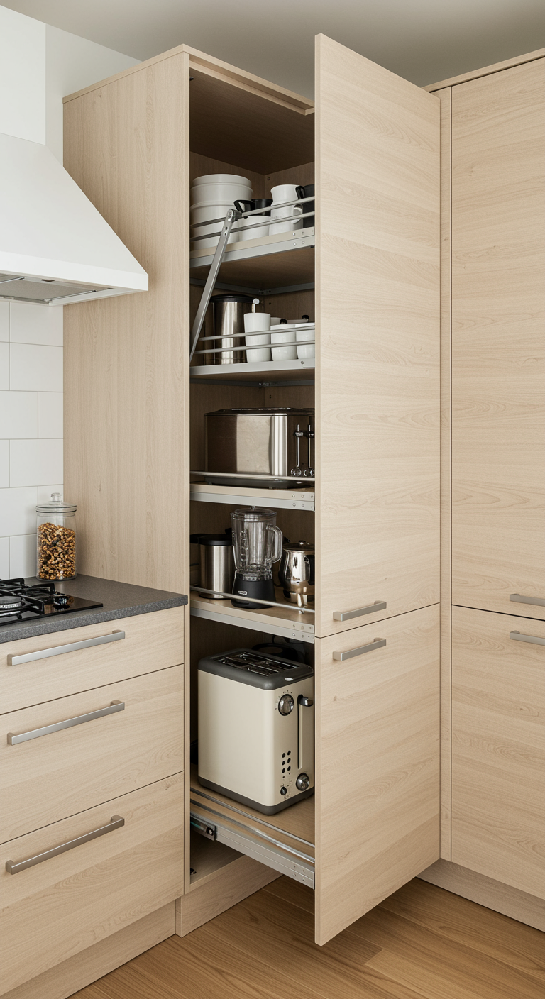Lichte houtlook keuken met een opengetrokken apothekerskast waarin keukenapparatuur staat.