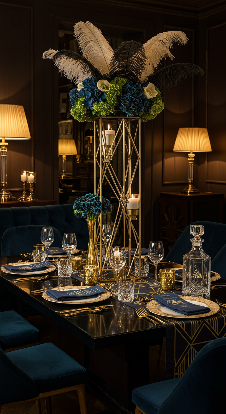 Art Deco feesttafel met gouden accenten, veren en geometrische patronen.