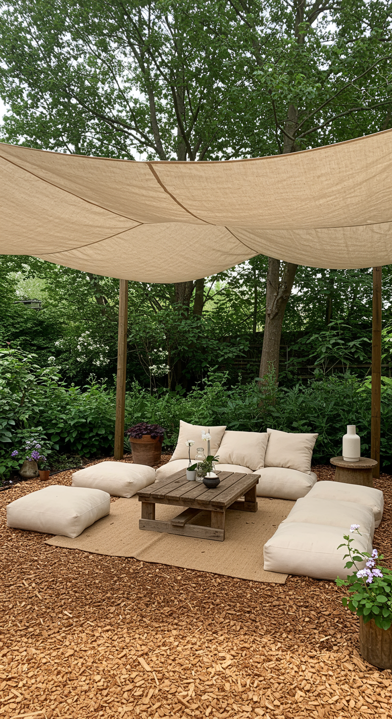 Buitenloungeplek met palletbank, kussens, en een canvas zonnedoek, op een bed van houtsnippers.