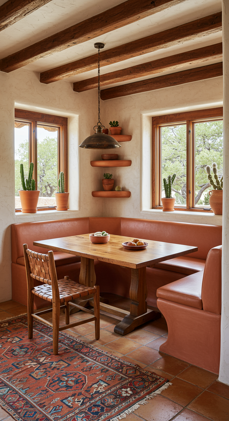 Zuidwestelijke eethoek met terracotta leren bank, houten tafel, cactussen en kelim tapijt.
