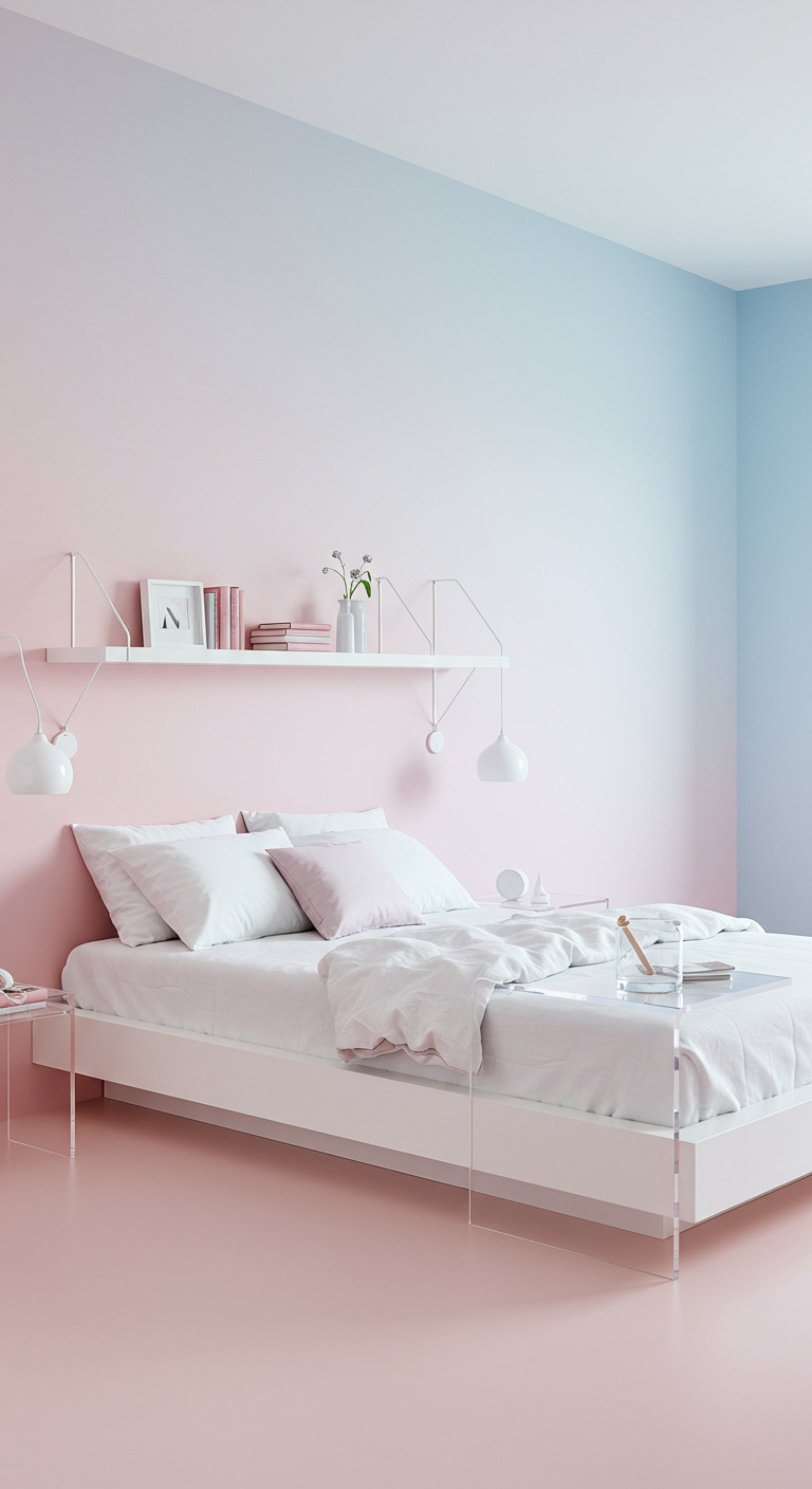Moderne slaapkamer met een muur die van roze naar blauw verloopt.