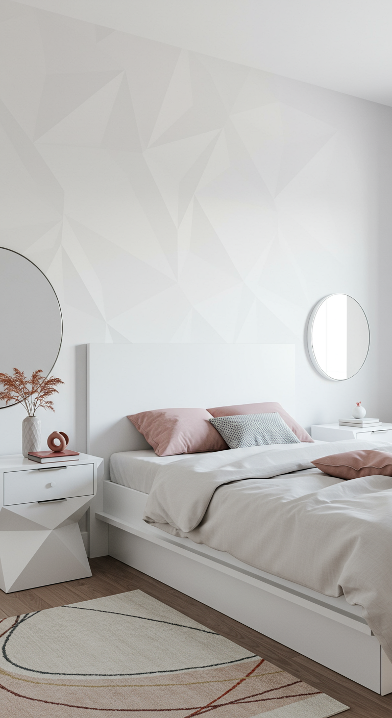 Witte slaapkamer met geometrisch patroon op de muur en roze kussens.