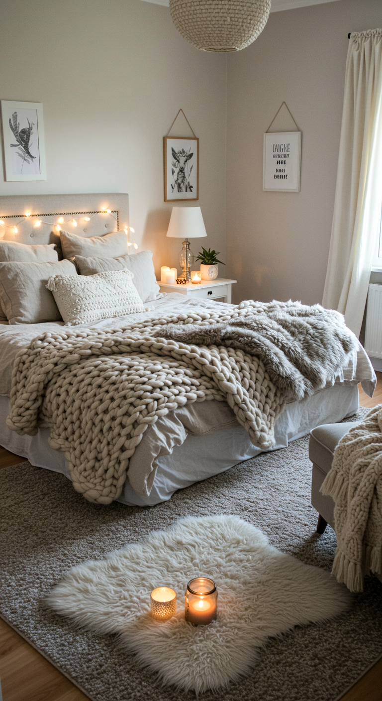 Knusse slaapkamer in beige tinten met chunky plaid, schapenvachtje en sfeerverlichting.