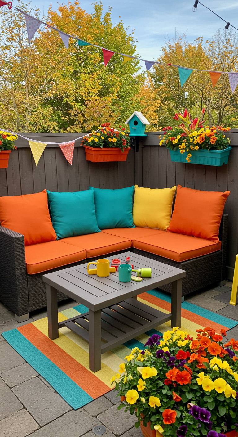 Balkon met hoekbank en felgekleurde kussens, gestreept kleed en vlaggenlijn.