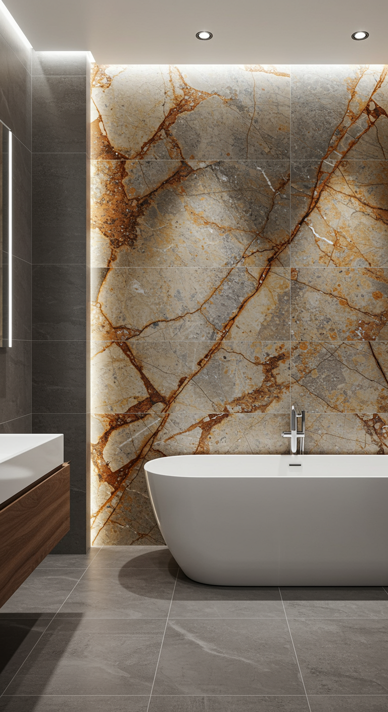 Moderne badkamer met een accentwand van marmer met roestkleurige aders achter het bad.