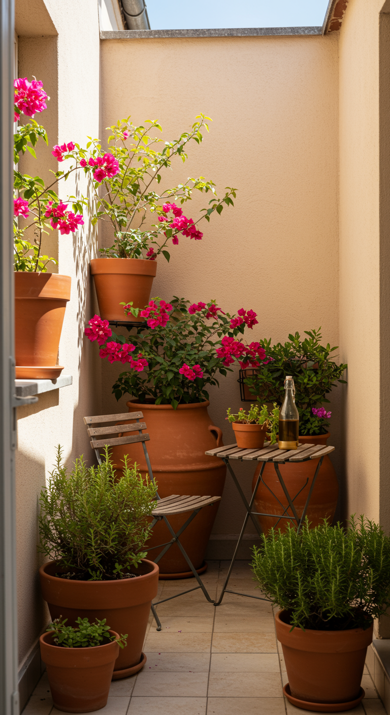 Smal balkon met bistroset omringd door grote terracotta potten met bougainvillea en kruiden.