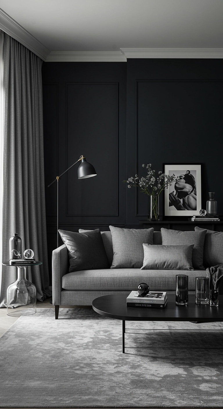 Elegante donkere woonkamer met zwarte muren en grijze bank.