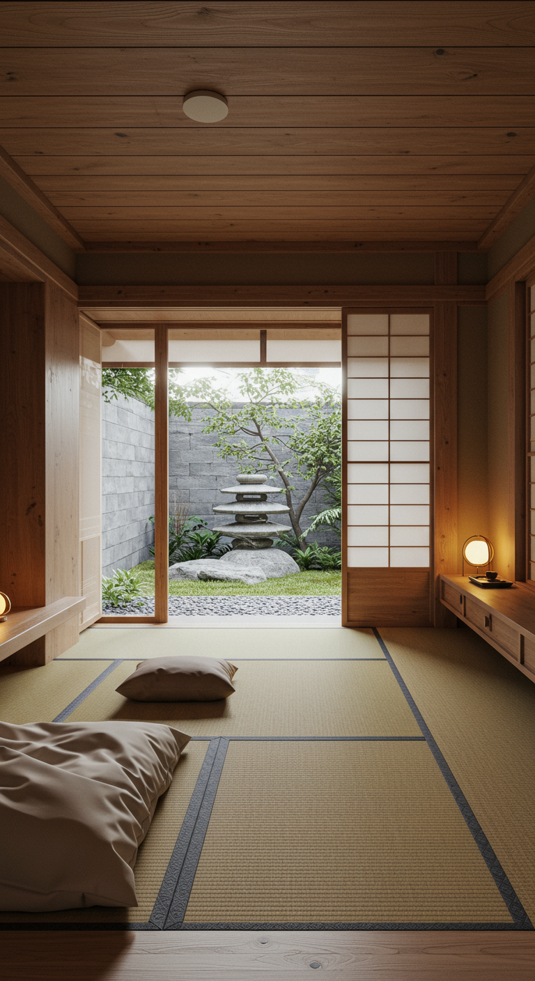 Japanse slaapkamer met tatami-vloer, open deuren naar een binnentuin met stenen pagode.