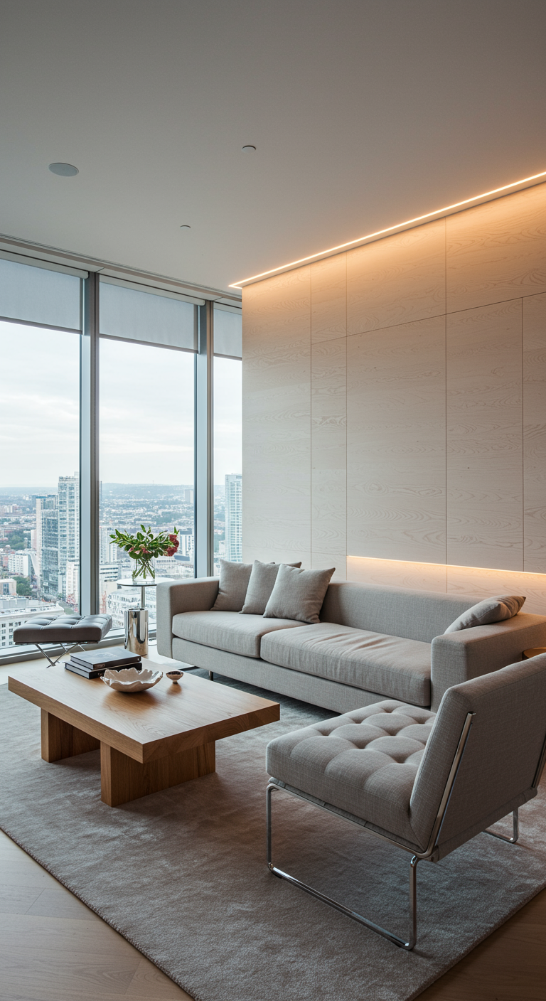 Modern appartement met panoramisch uitzicht, lichte houten accentwand en strakke meubels.