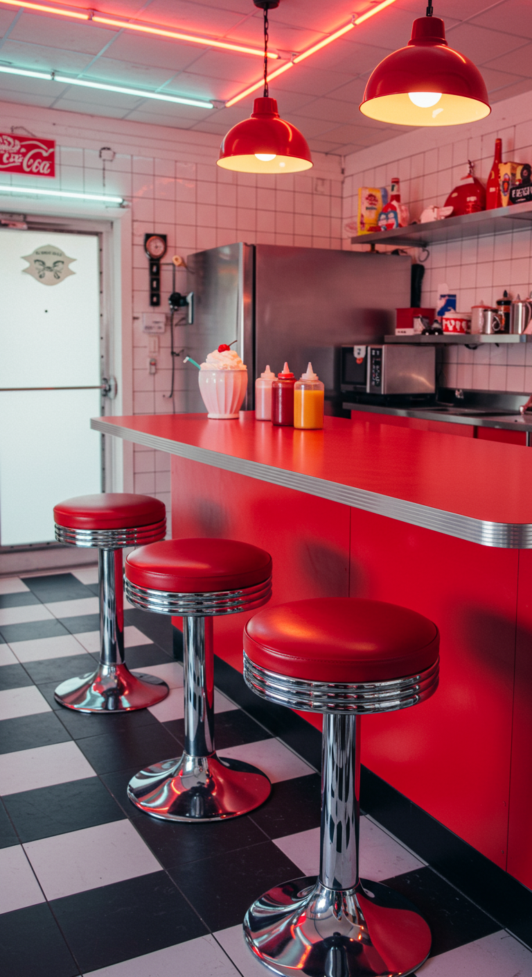 Retro Amerikaanse diner-stijl keuken met rode chromen barkrukken en rood aanrecht.