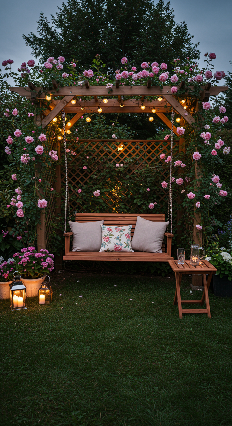 Houten schommelbank onder pergola met rozen en lichtslingers.