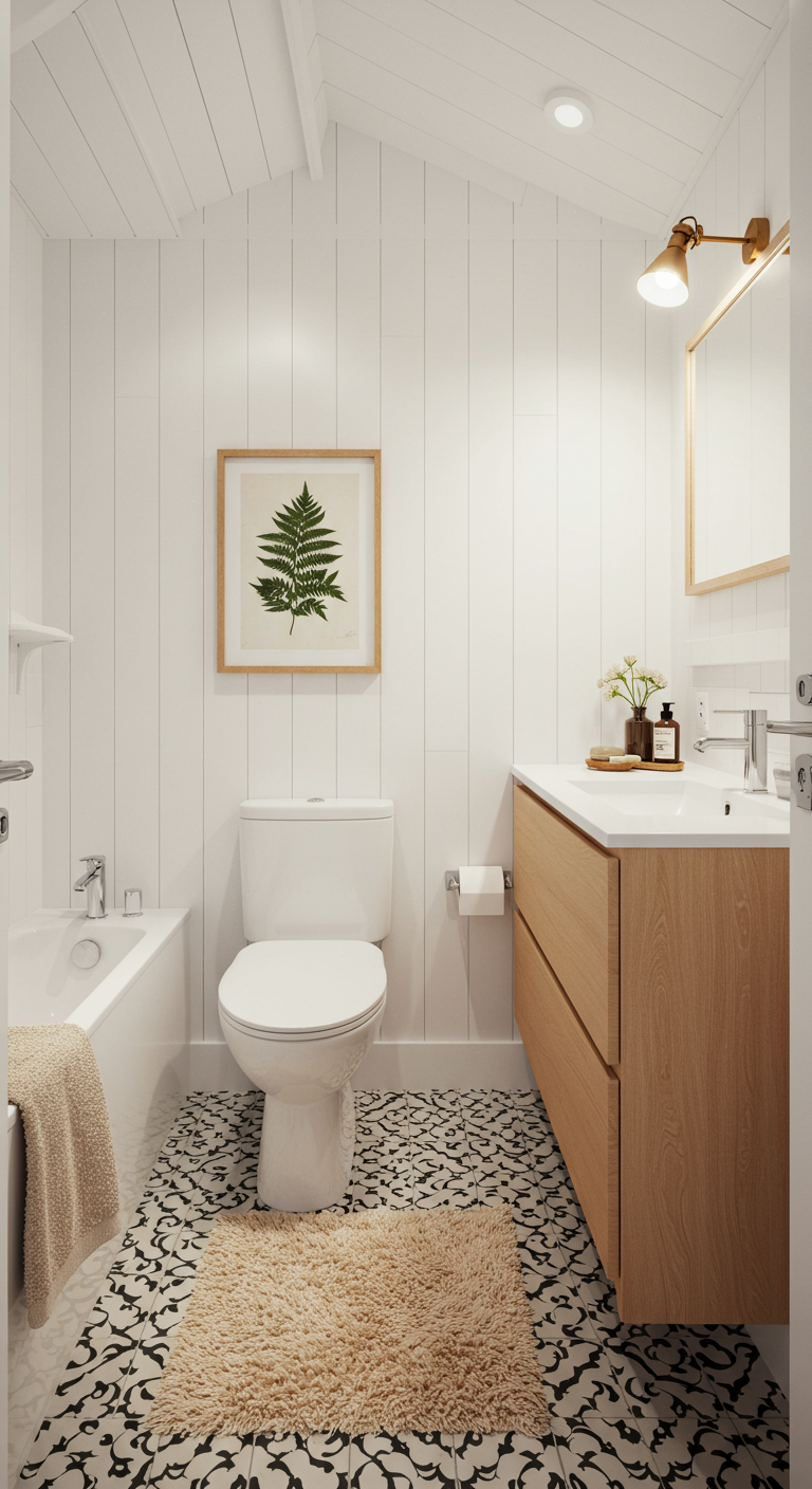 Lichte Scandinavische badkamer met witte houten panelen, houten meubel en botanische print.
