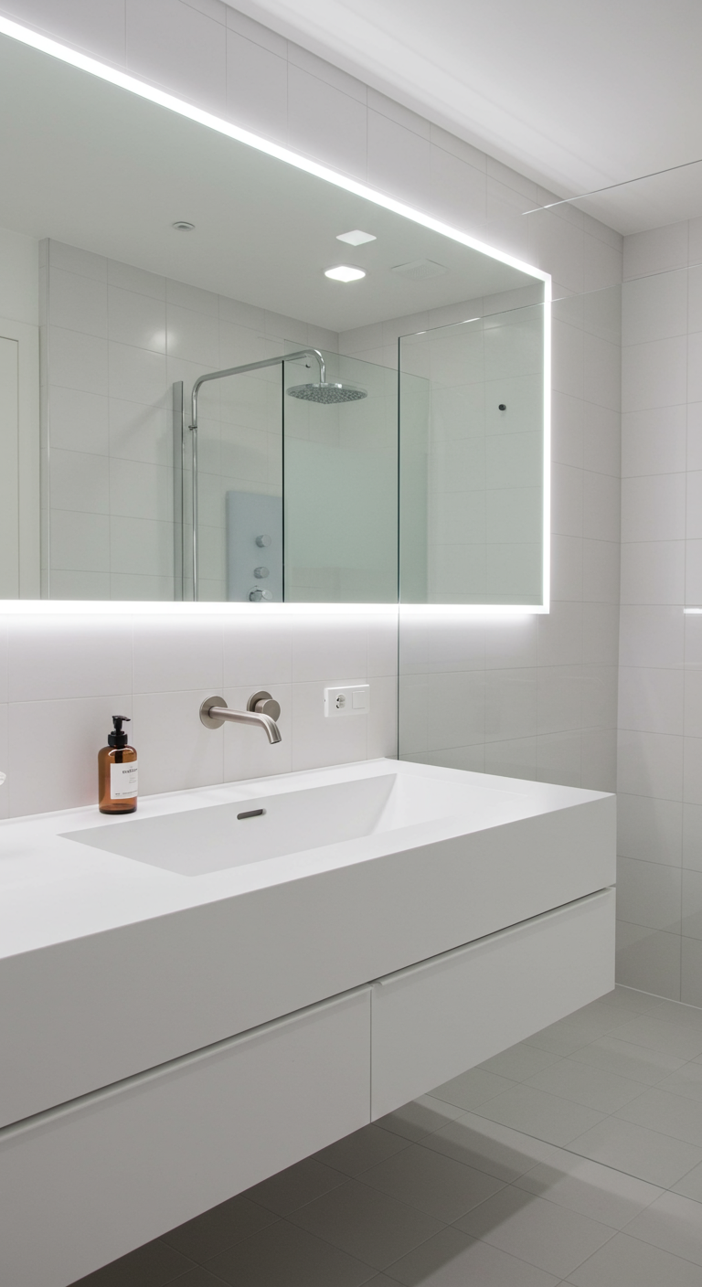Wandgemonteerde rvs-kraan onder een grote spiegel met LED-verlichting in een witte badkamer.
