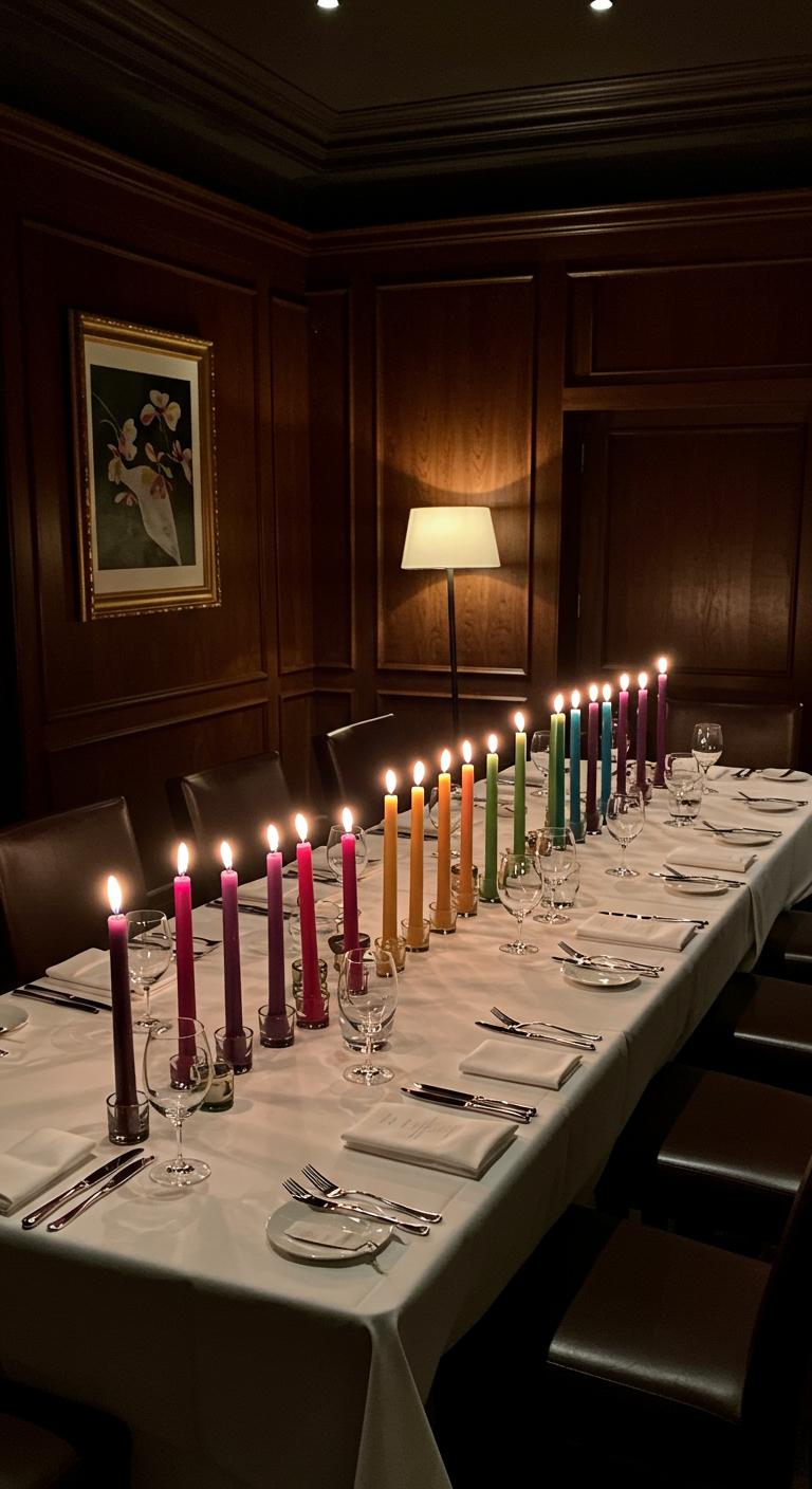 Lange, witgedekte eettafel met een rij brandende dinerkaarsen in regenboogkleuren.