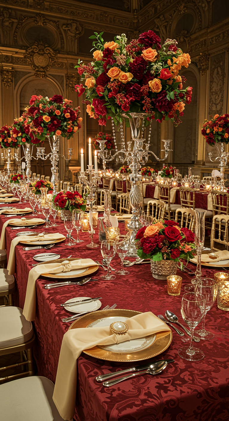 Opulente tafelsetting met rode tafelkleden, gouden accenten en hoge kandelaars.