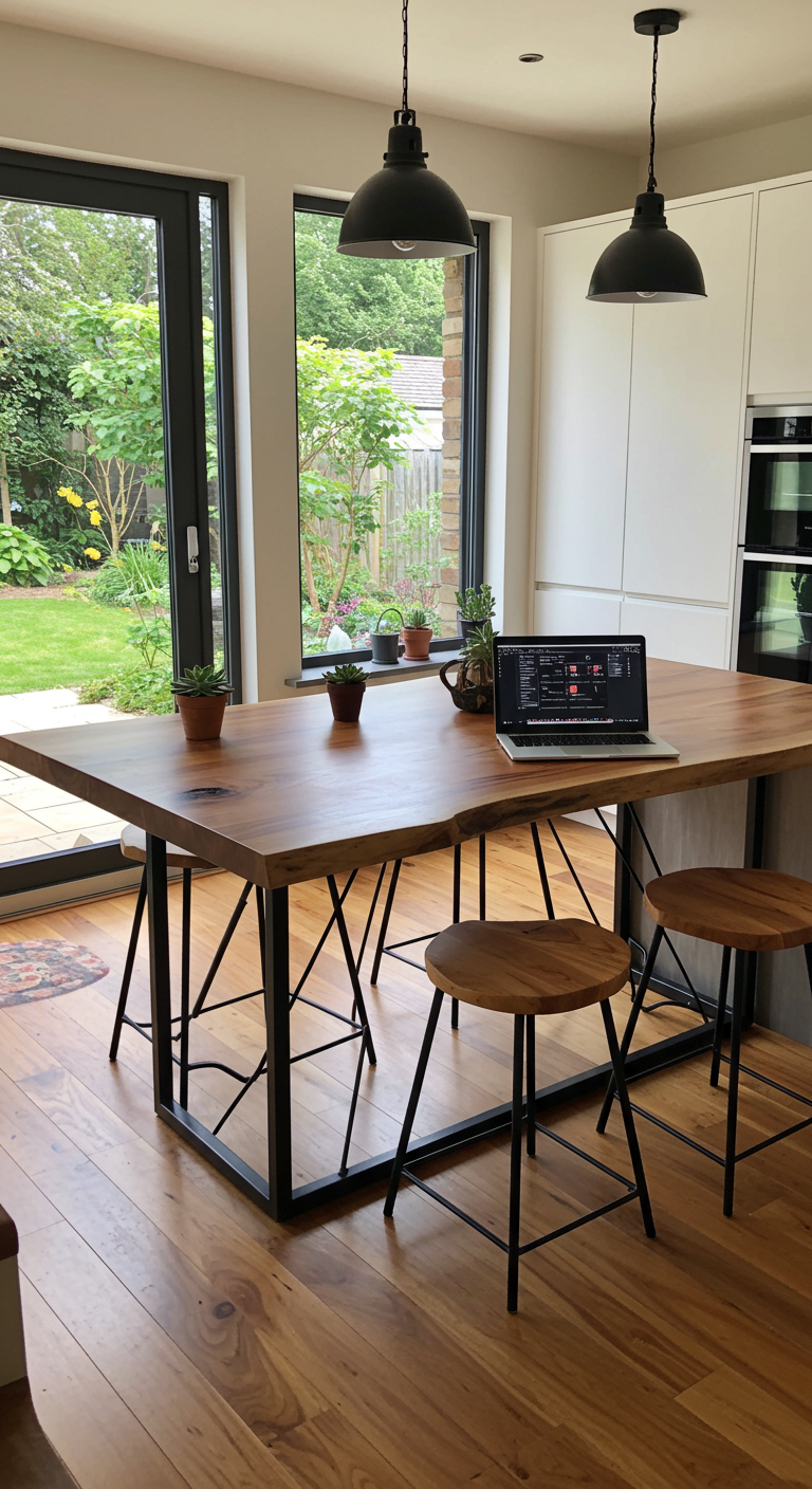 Houten keukeneiland in tafel-stijl met metalen poten en uitzicht op de tuin, laptop aanwezig.