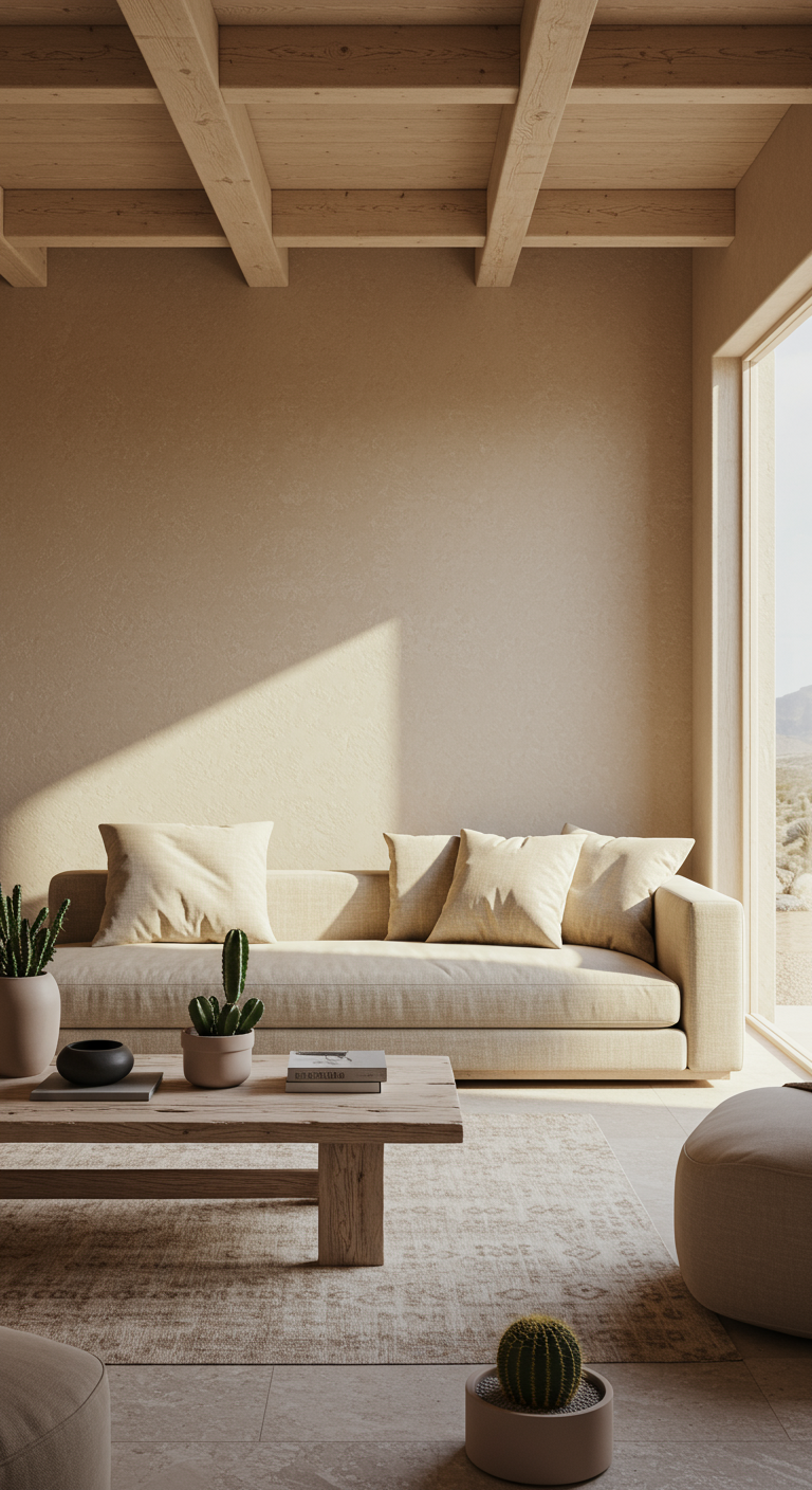 Woonkamer in woestijnstijl met zandkleurige muren, beige bank en cactussen.