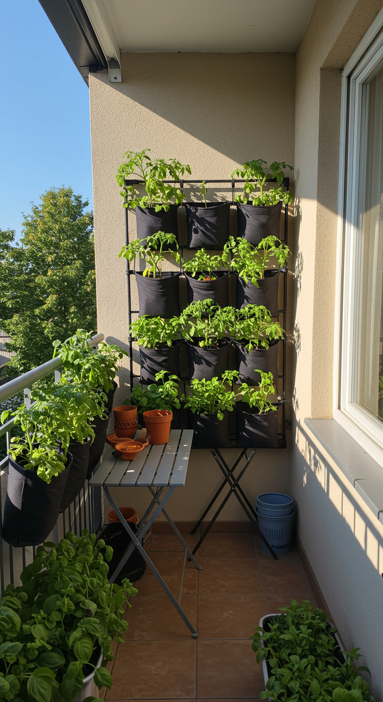 Zwarte stoffen plantzakken gevuld met groene kruidenplanten, hangend aan een metalen frame.