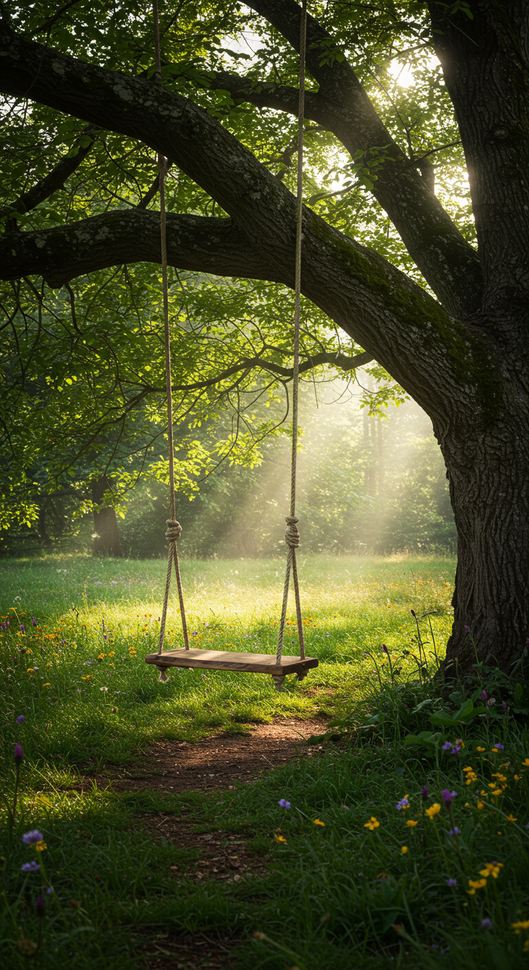 Eenvoudige houten schommel hangend aan een dikke boomtak in een bos met zonlicht.