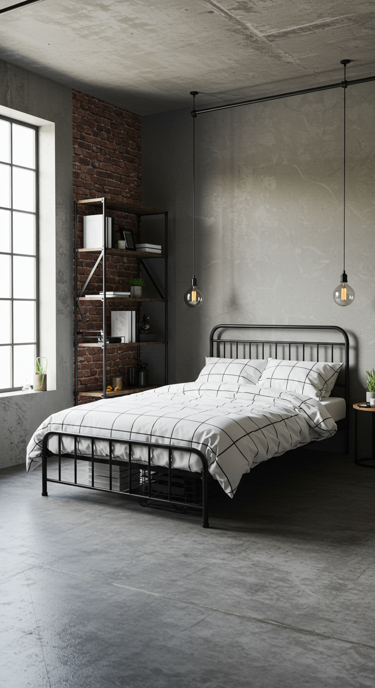 Industriële slaapkamer met betonlook muren, zwart metalen bed en zwart-wit geruit beddengoed.