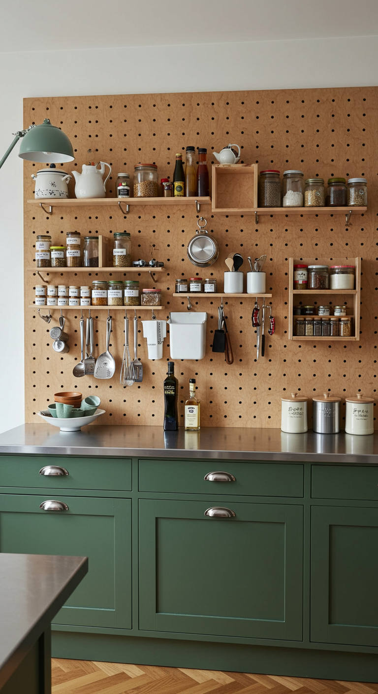 Groene keuken met RVS werkblad en een groot houten pegboard vol keukenspullen.