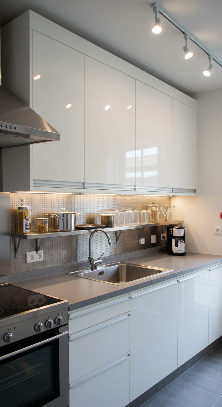 Moderne witte keuken met RVS accenten en een open plank op een geperforeerde achterwand.