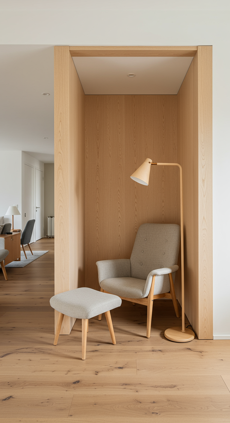 Knusse leeshoek in een met licht hout beklede nis, met fauteuil en staande lamp.