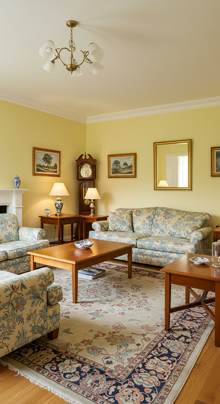 Traditionele woonkamer met gele muren, bloemenprint bank en klassieke meubels.