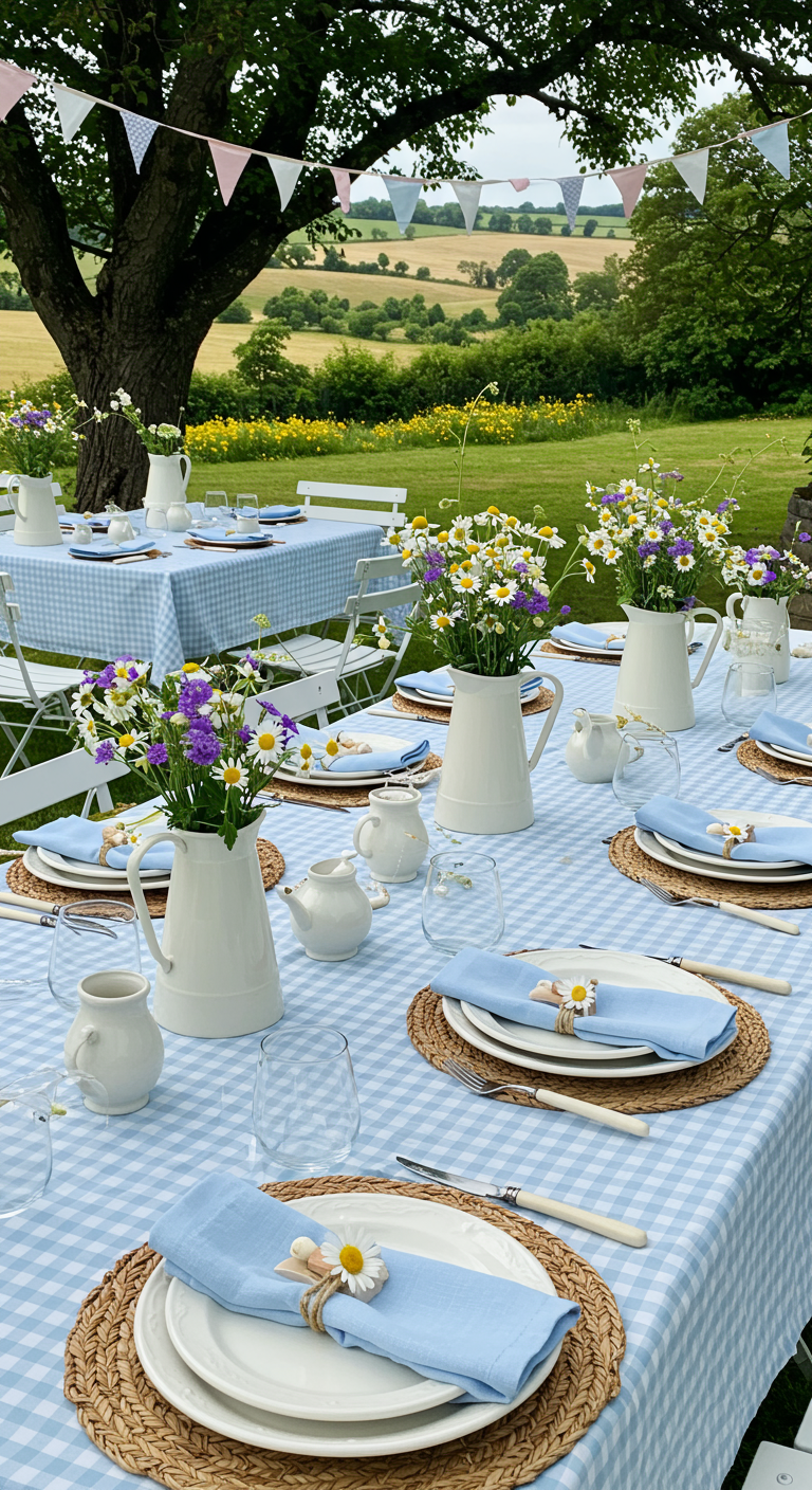 Landelijke picknicktafel met blauw-wit geblokt kleed en madeliefjes.