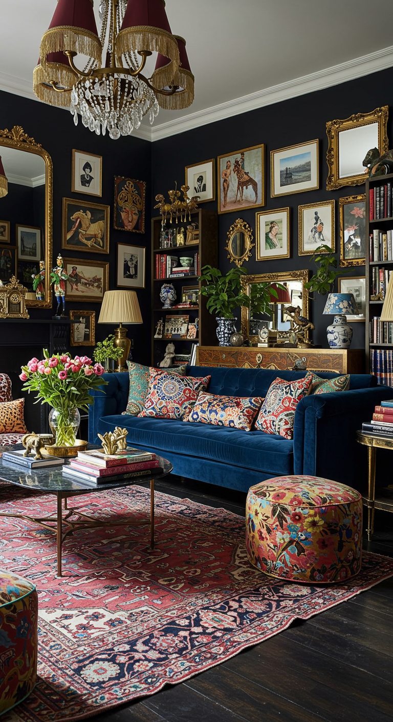 Maximalistische woonkamer met zwarte muren vol kunst en decoraties.
