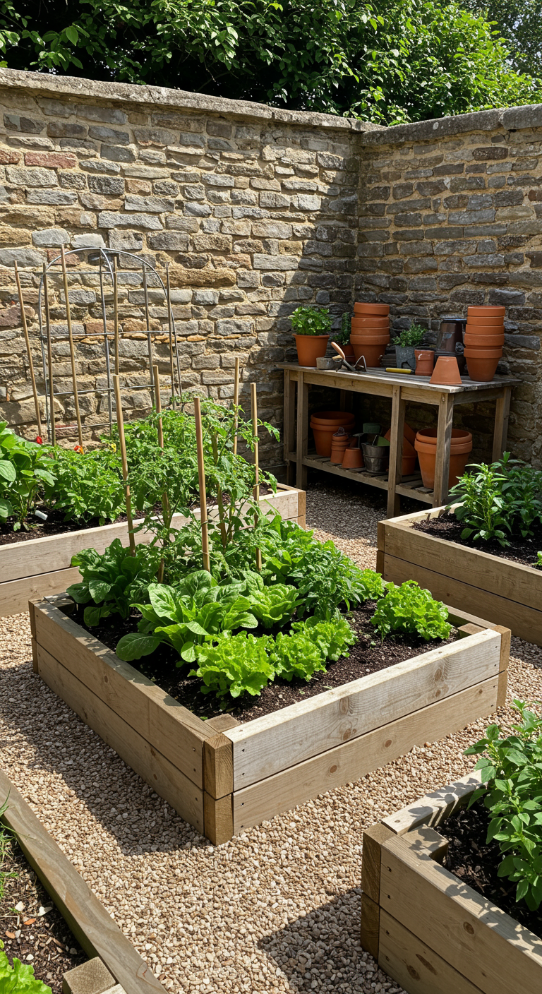 Moestuin met verhoogde houten kweekbakken, grindpaden en een natuurstenen muur op de achtergrond.