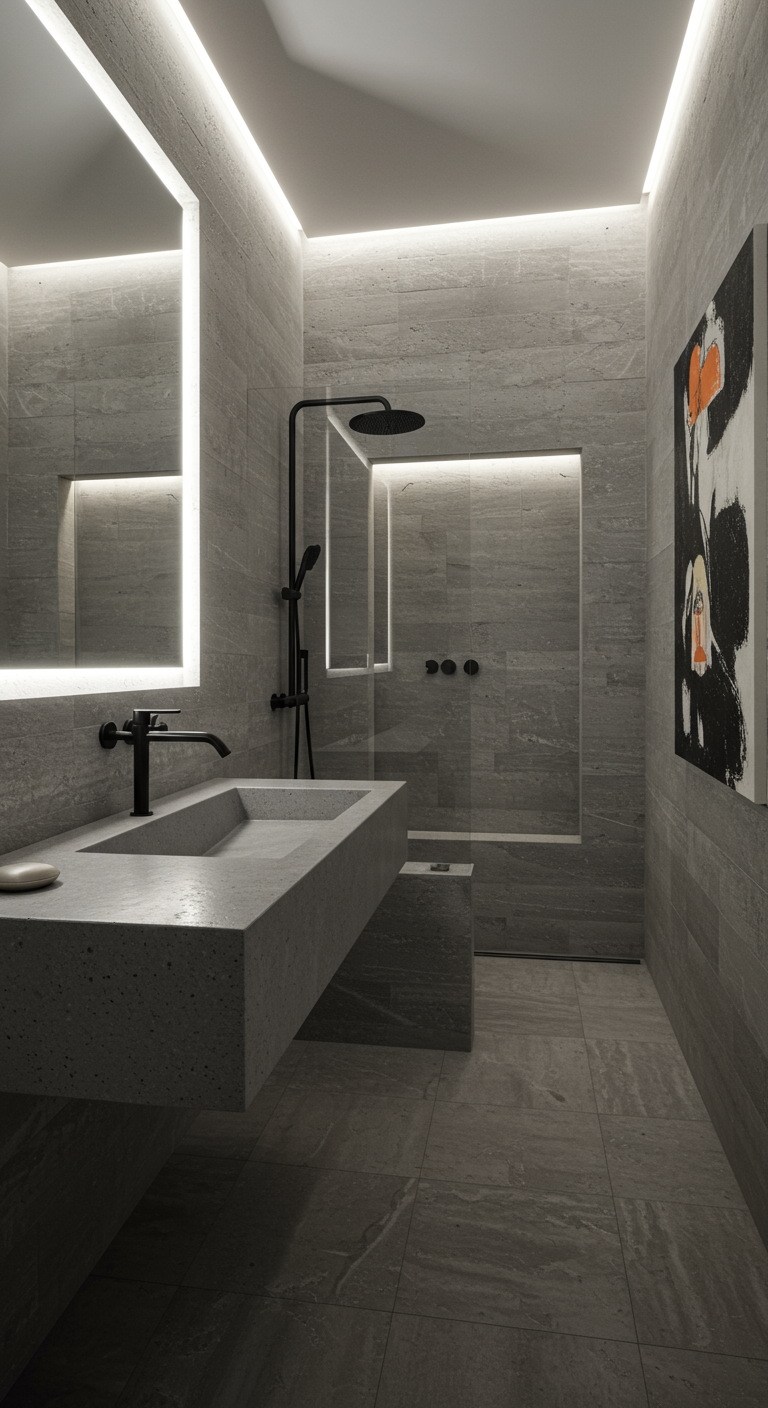 Matzwarte wastafelkraan op een zwevend betonnen wastafelblad in een grijze, moderne badkamer.
