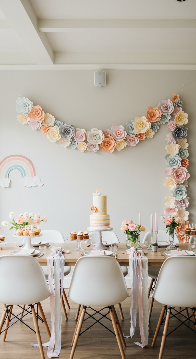 Eettafel met een grote, handgemaakte slinger van papieren bloemen in pastel regenboogkleuren aan de muur.