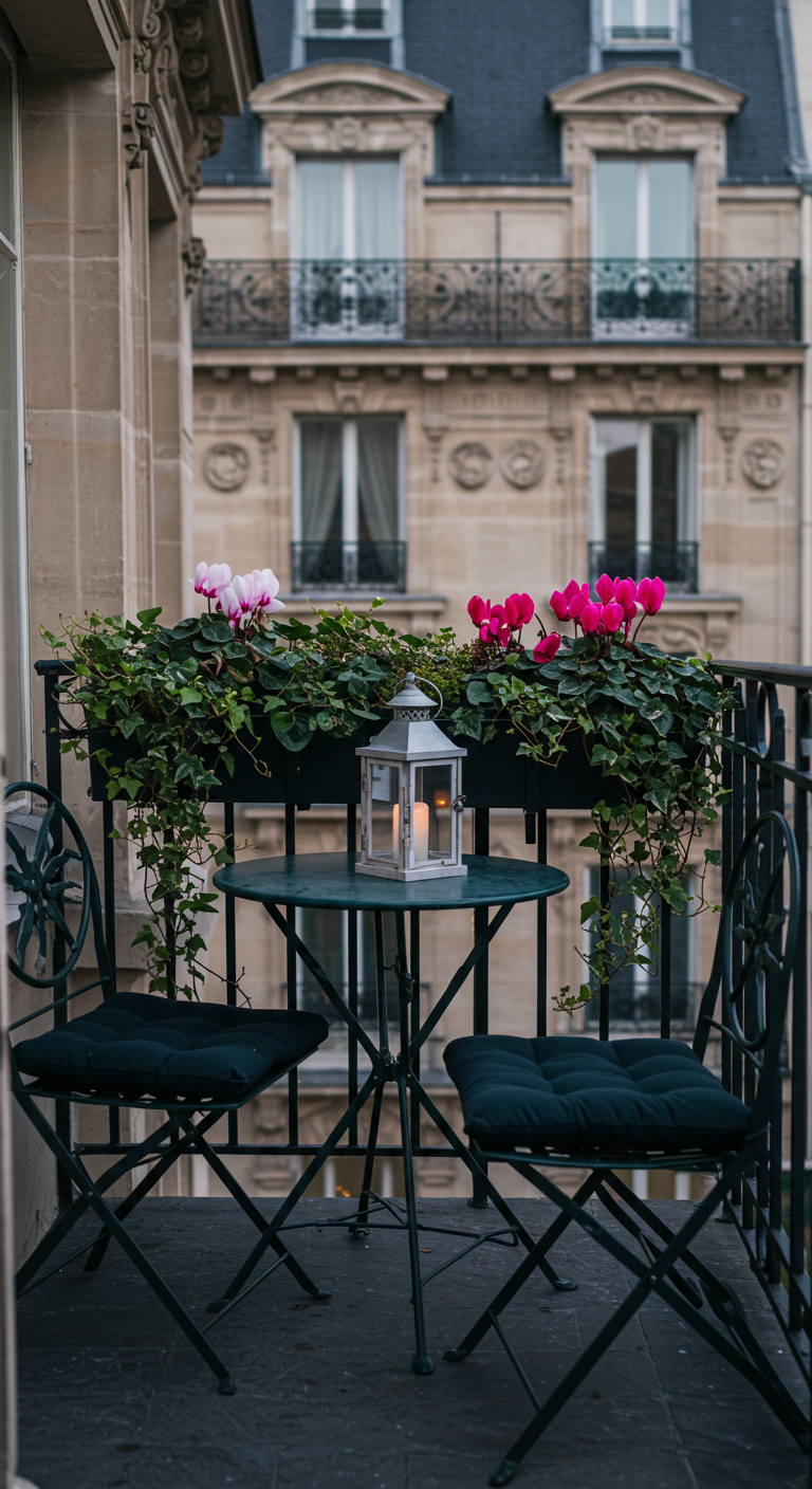 Smal Parijs balkon met smeedijzeren bistroset, lantaarn en bloembak met cyclamen.