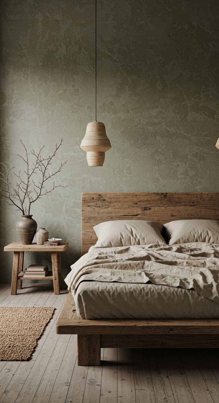 Wabi Sabi slaapkamer met vergrijsd groene muur en eenvoudig houten bed.