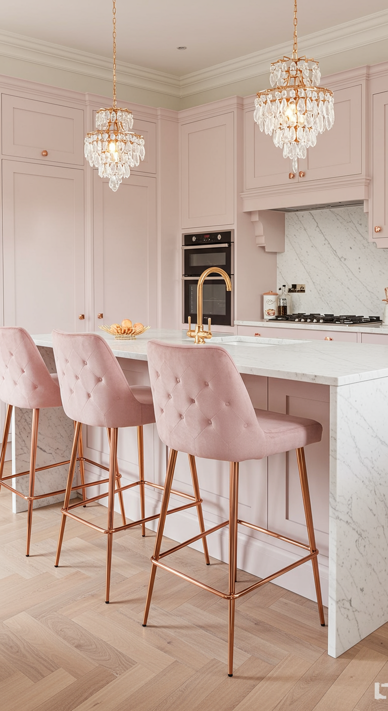 Luxe roze keuken met poederroze fluwelen barkrukken met koperen poten en kristallen kroonluchters.