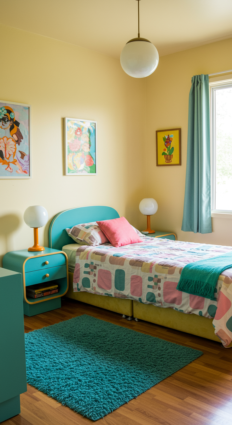 Retro slaapkamer met zachtgele muren en turquoise meubels.