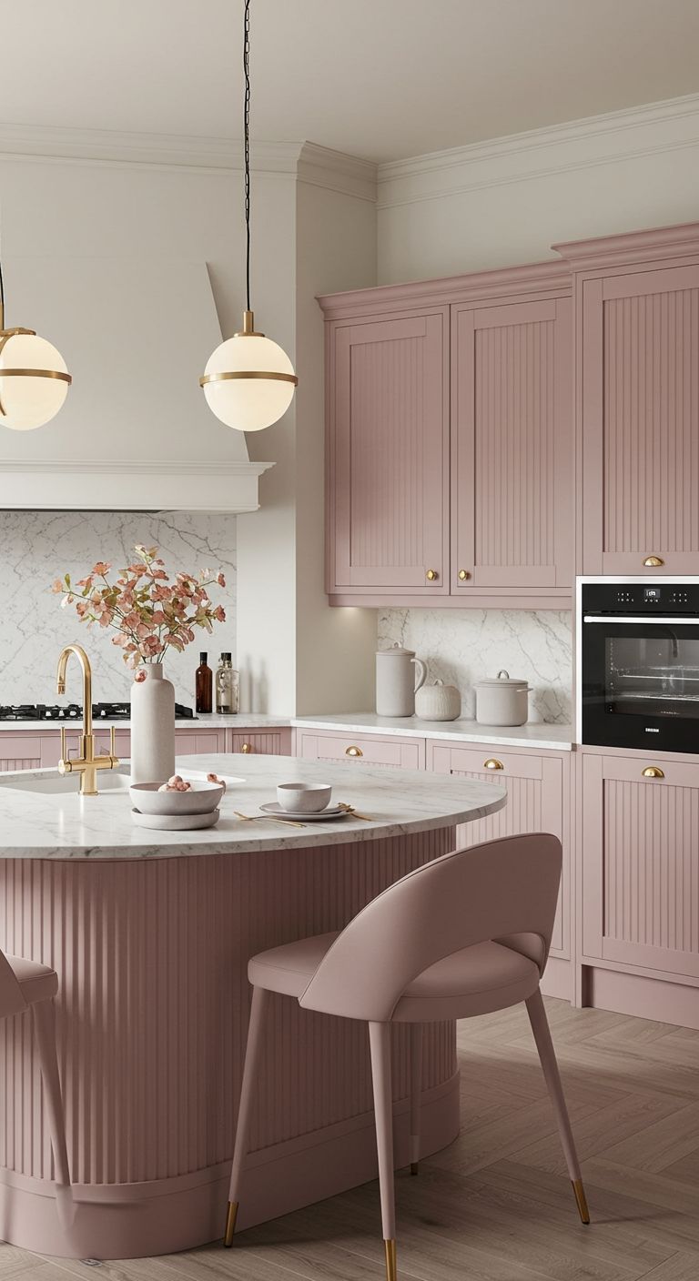 Oudroze keuken met rond kookeiland en messing accenten.