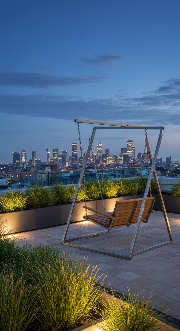 Moderne houten schommelbank op dakterras met uitzicht op stad.