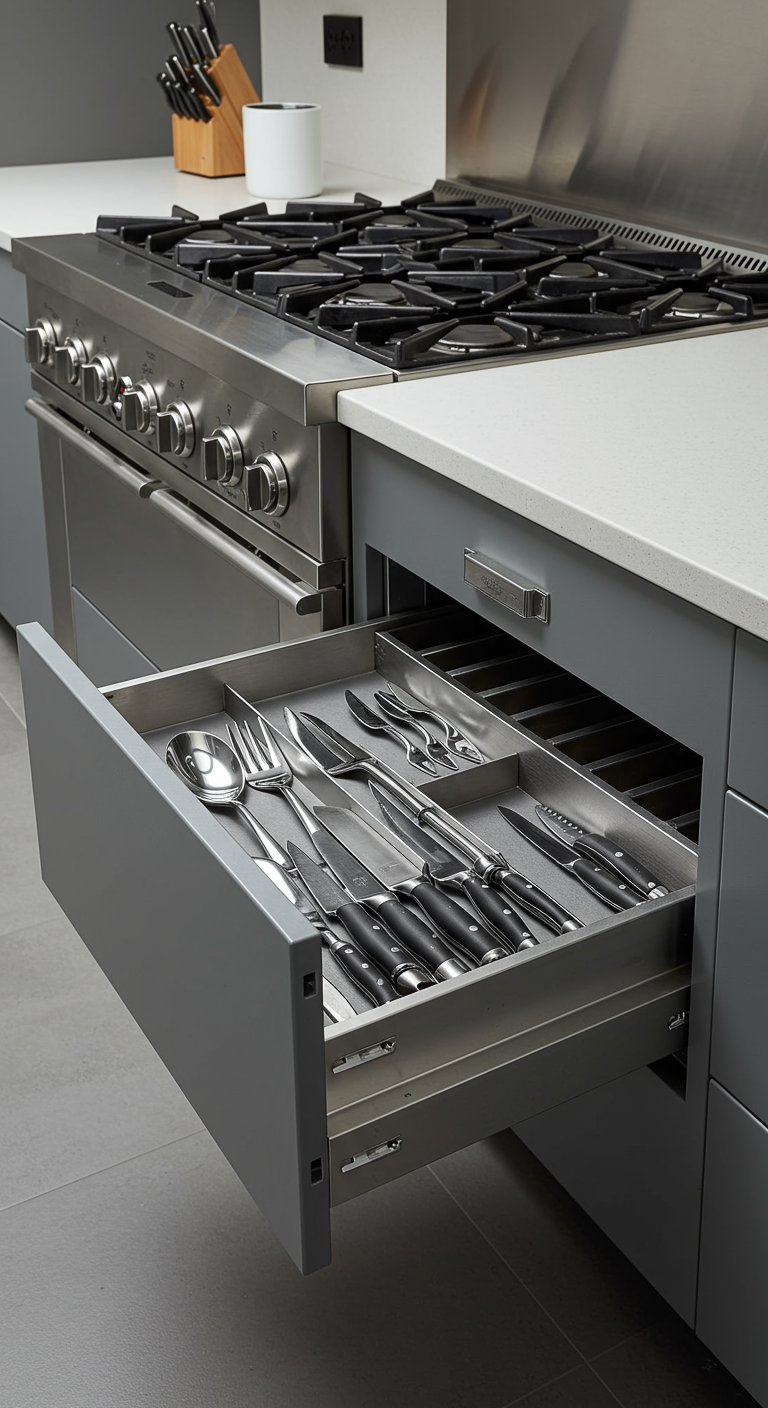 Moderne grijze keukenlade met een grijze metalen bestek-organizer en zilver bestek.