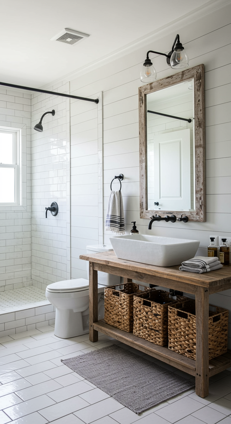 Farmhouse badkamer met witte horizontale wandpanelen en een rustiek houten wastafelmeubel.