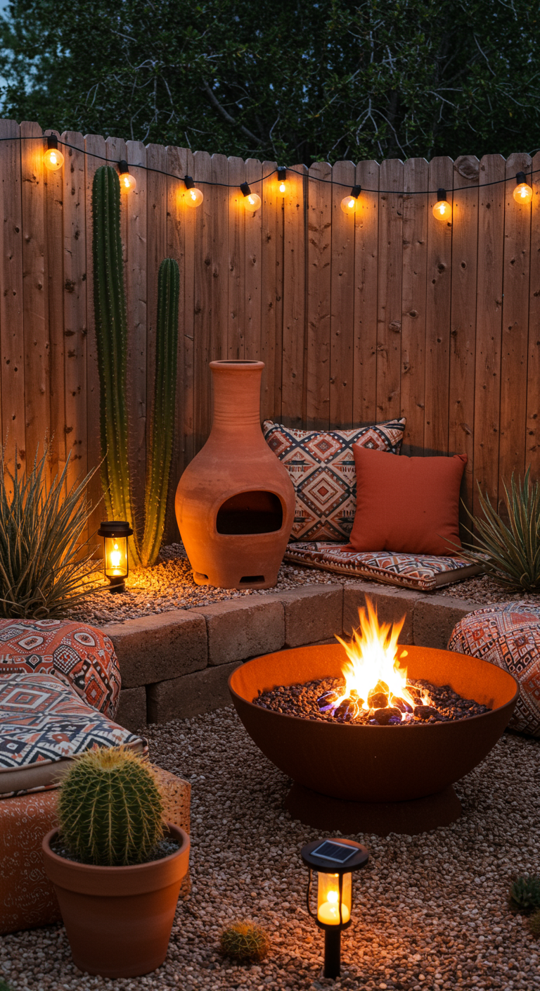 Woestijnachtige tuinhoek met vuurschaal, chiminea, cactussen en kleurrijke kussens.