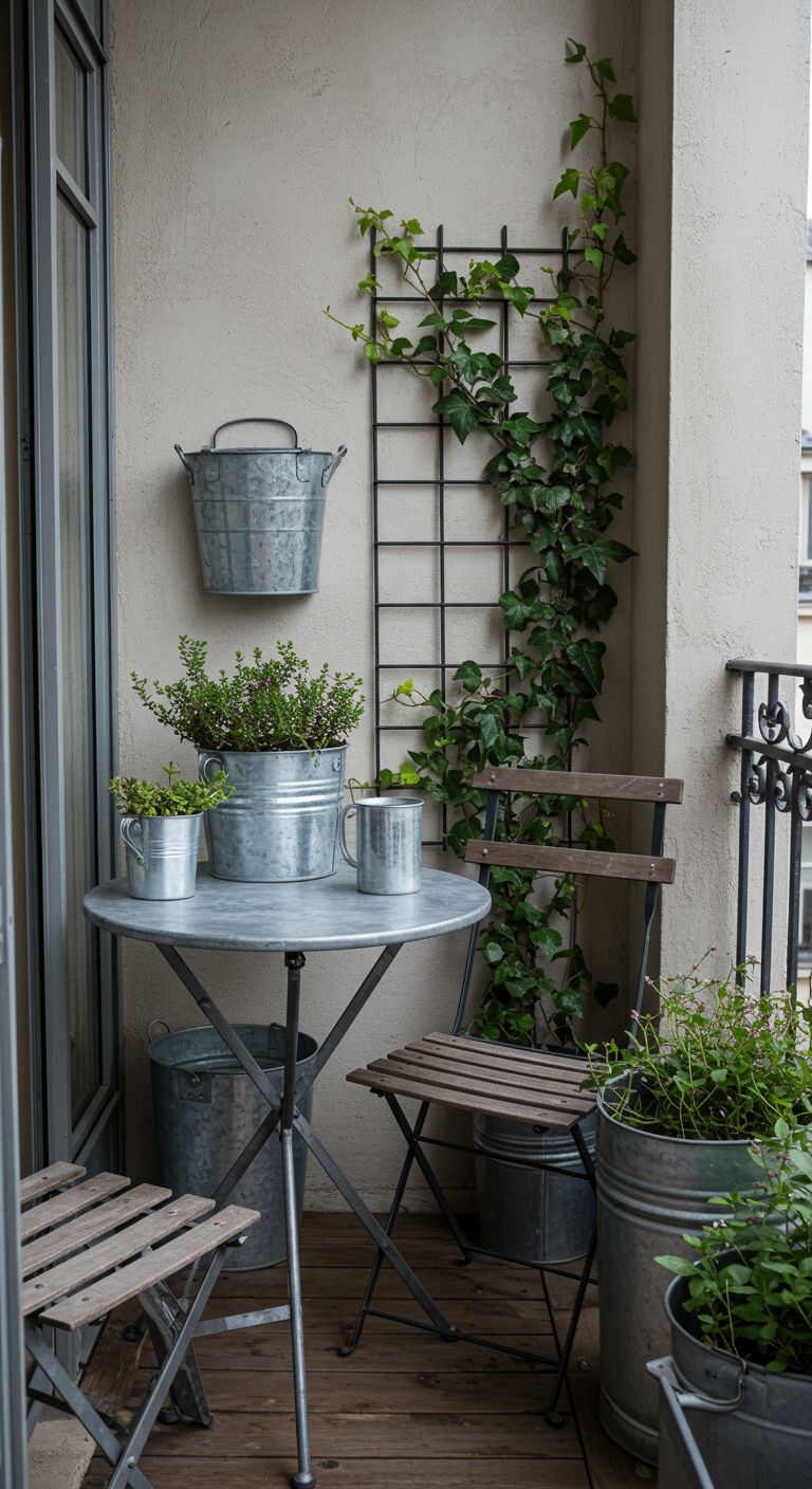 Bistroset met zinken emmers, planten en een klimrek met klimop tegen de muur.