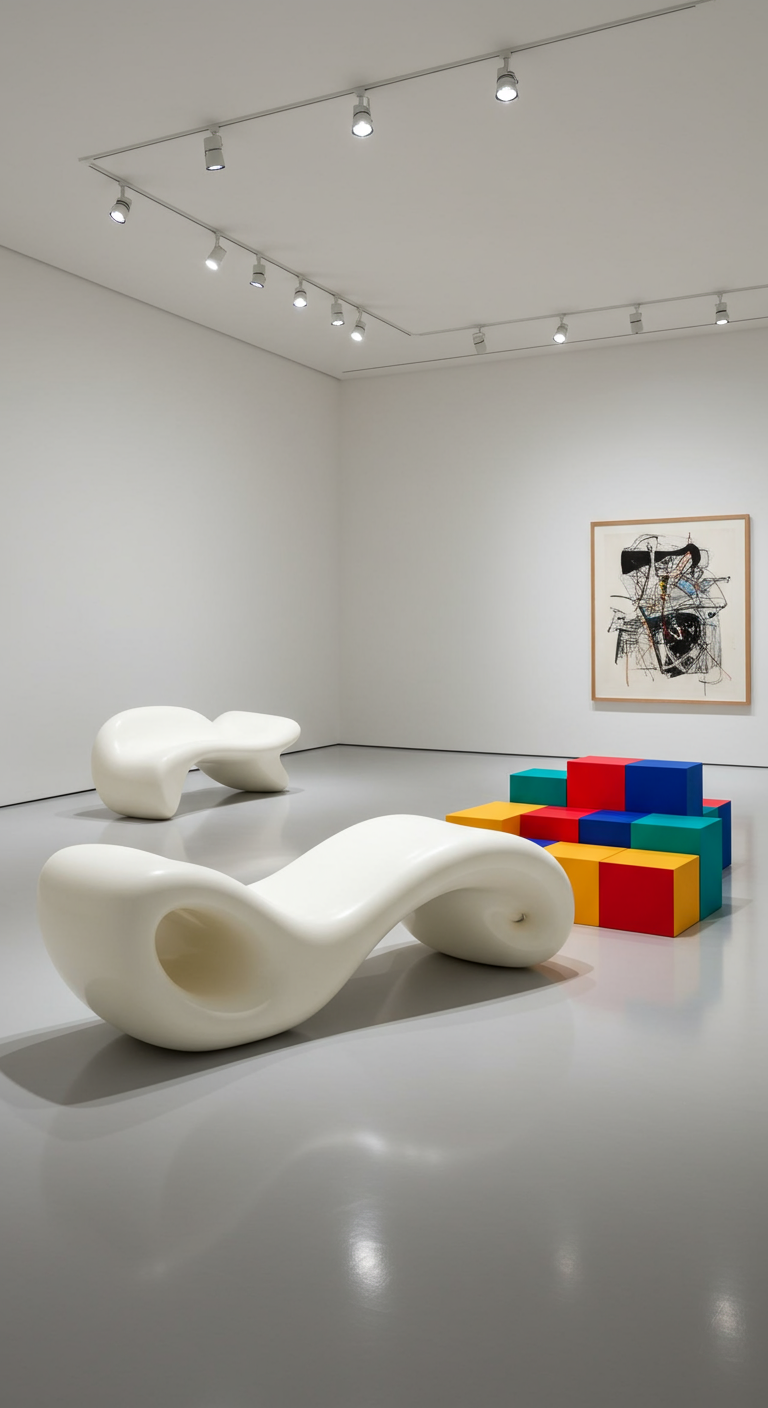 Minimalistische ruimte met witte, organisch gevormde sculpturale zitobjecten.
