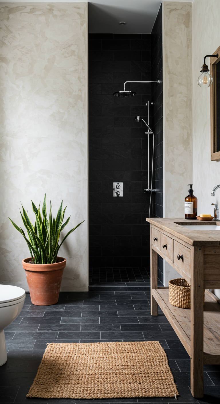 Badkamer met beige structuurverf, zwarte douchetegels, houten meubel en grote plant.