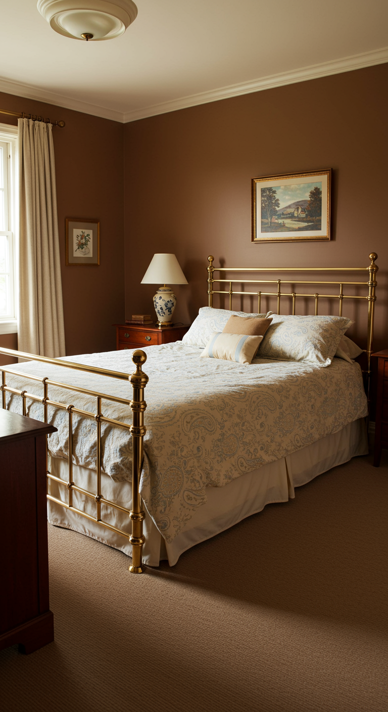 Klassieke slaapkamer met chocoladebruine muren, messing bed en paisley beddengoed.