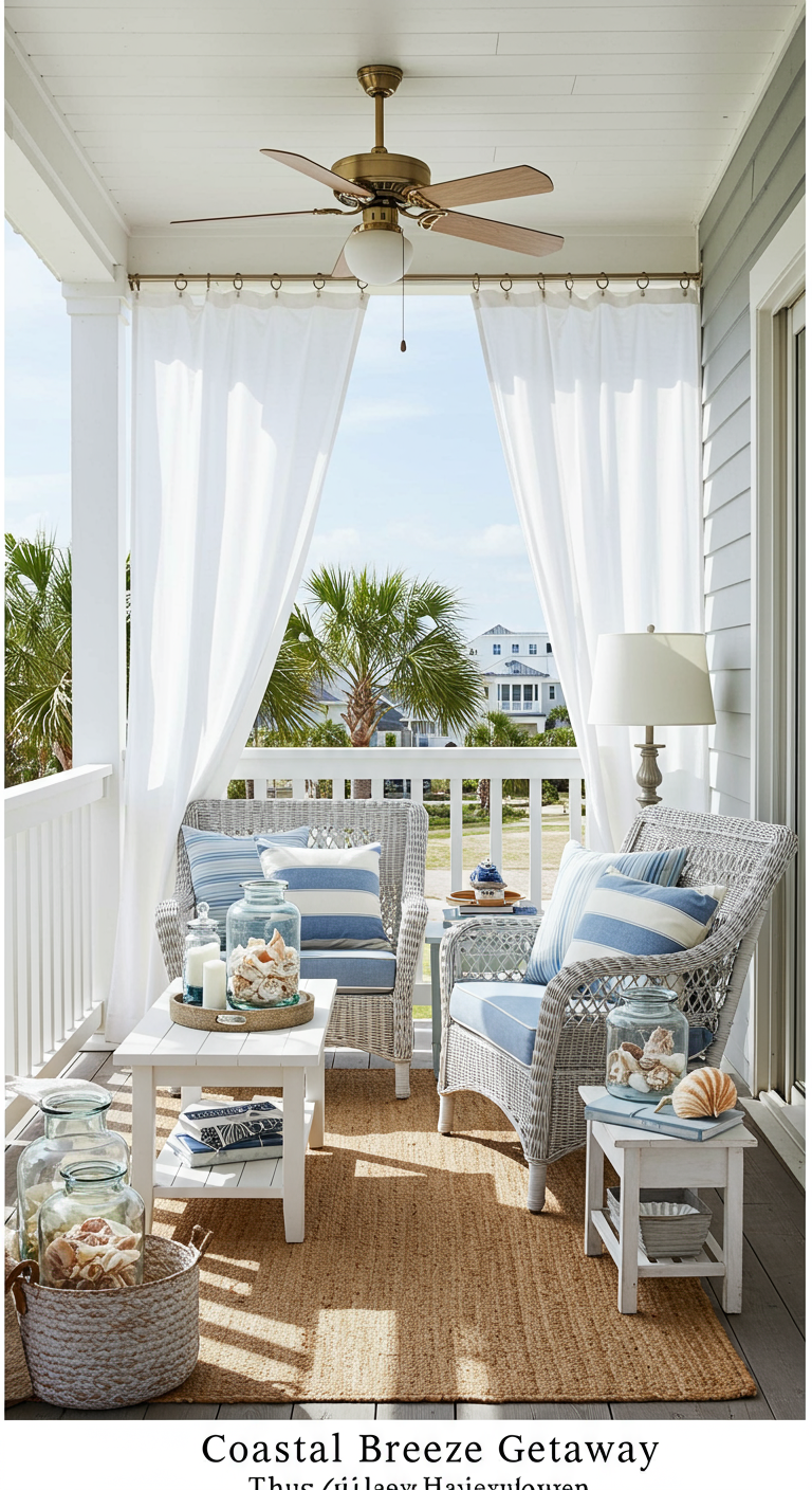 Balkon in coastal stijl met witte meubels, blauw-witte kussens en potten met schelpen.