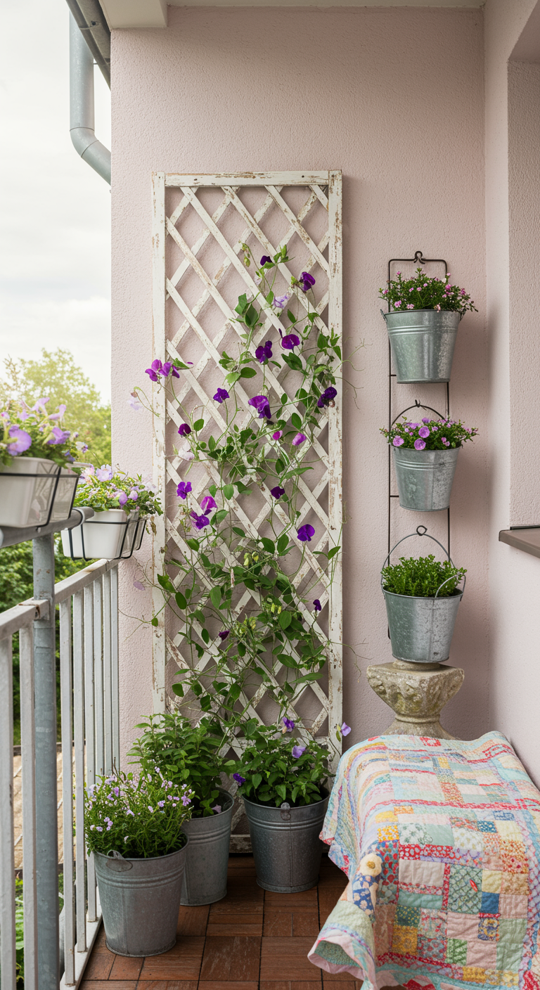 Wit houten trellis met paarse klimbloemen, zinken emmers met planten, tegen een roze muur.