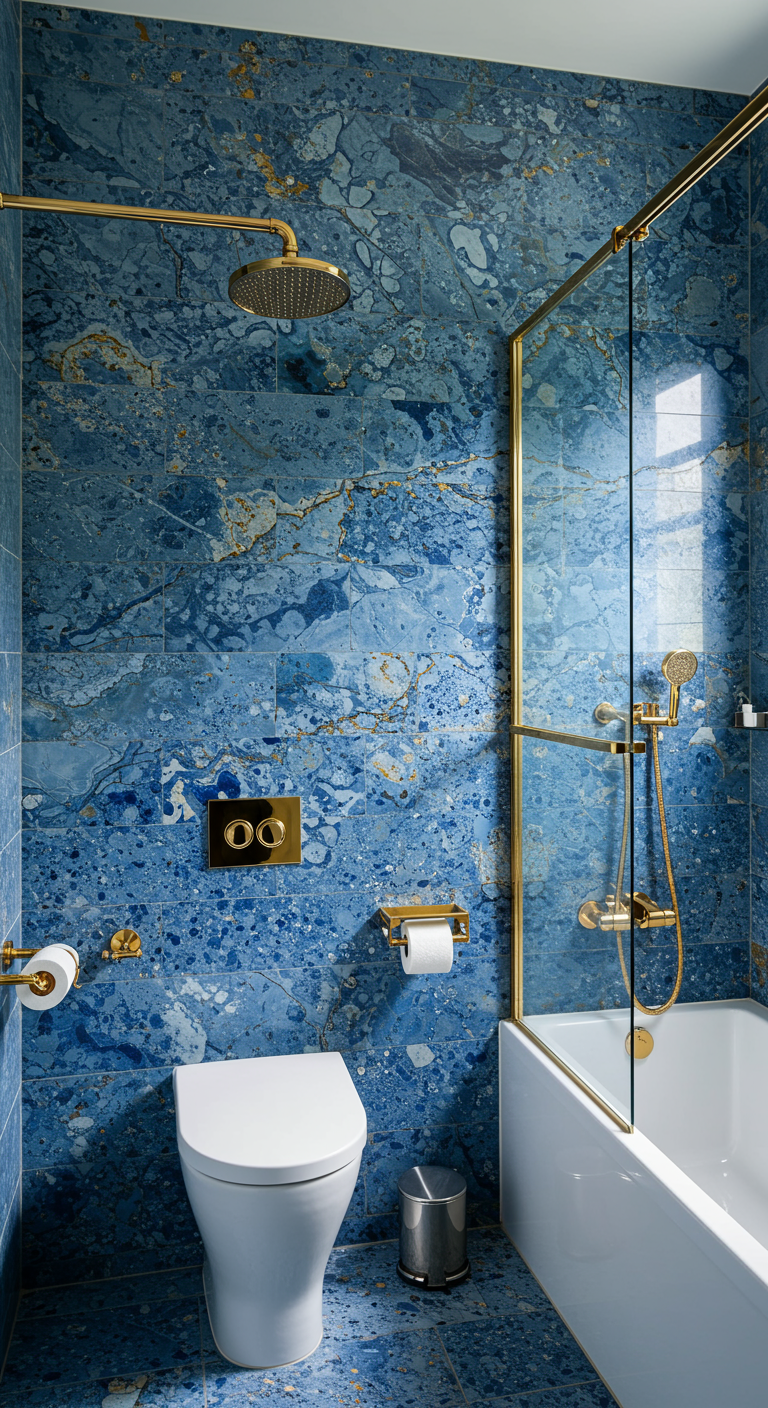 Badkamer volledig betegeld met diepblauwe natuursteen met gouden accenten en gouden kranen.